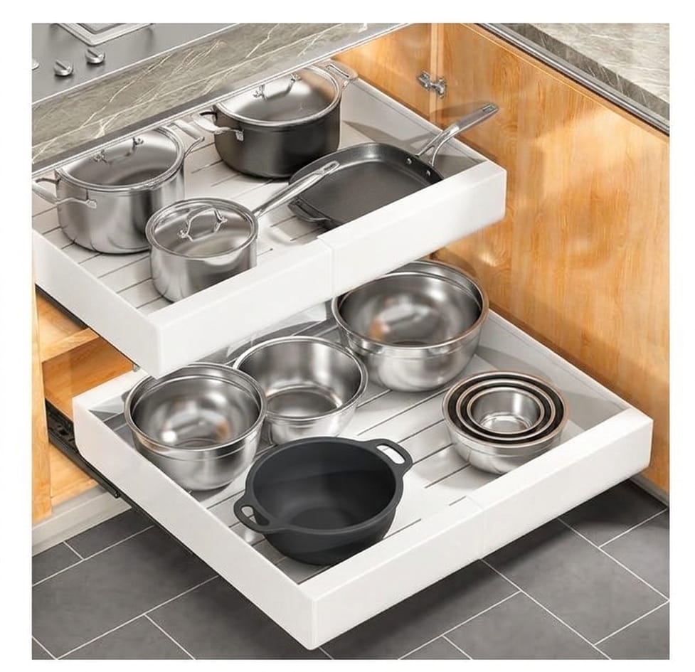 Pull-out cabinet organizer drawer holding pots, pans, and bowls