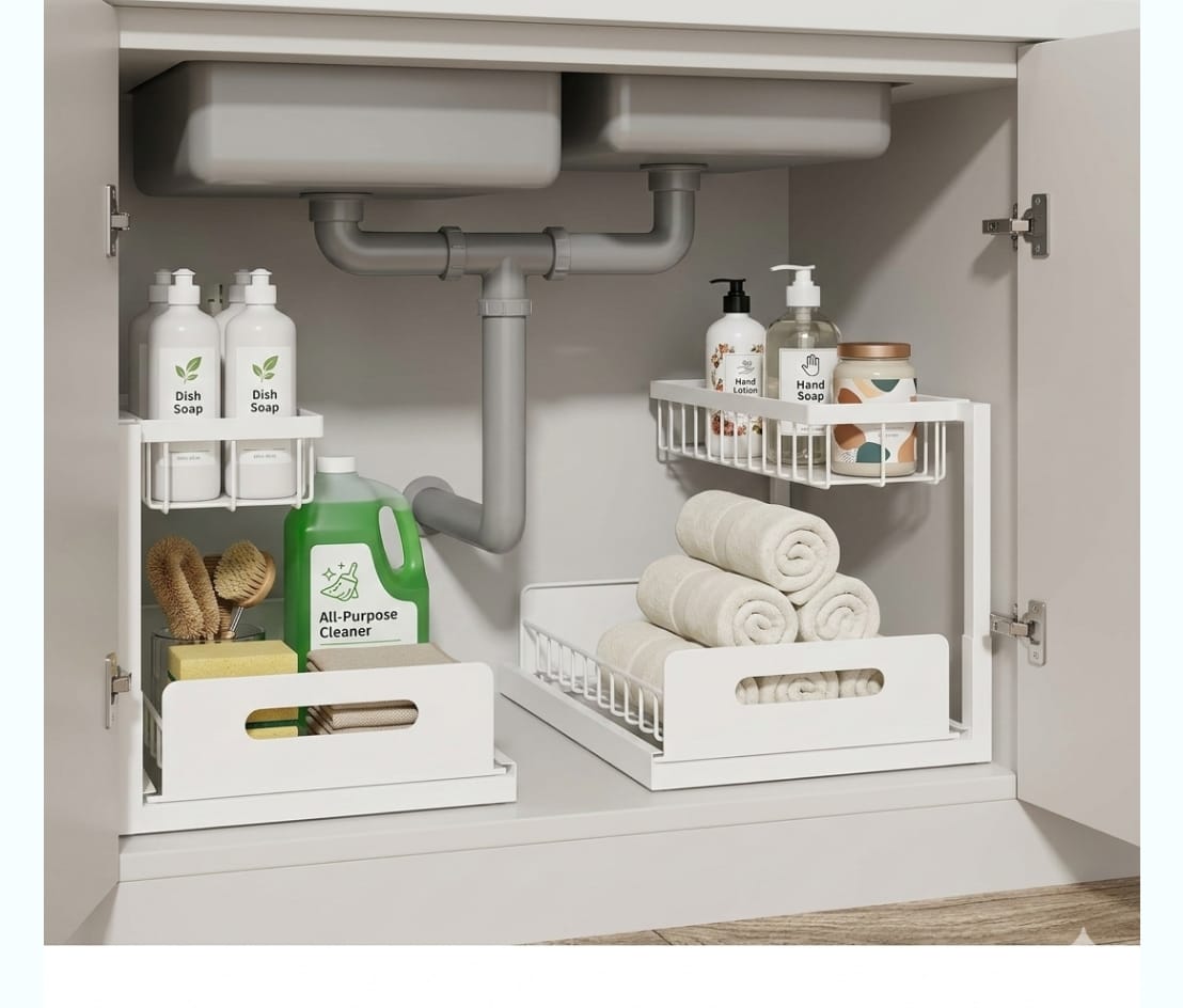 2-tier under sink organizer with cleaning supplies on top and a pull-out towel drawer below