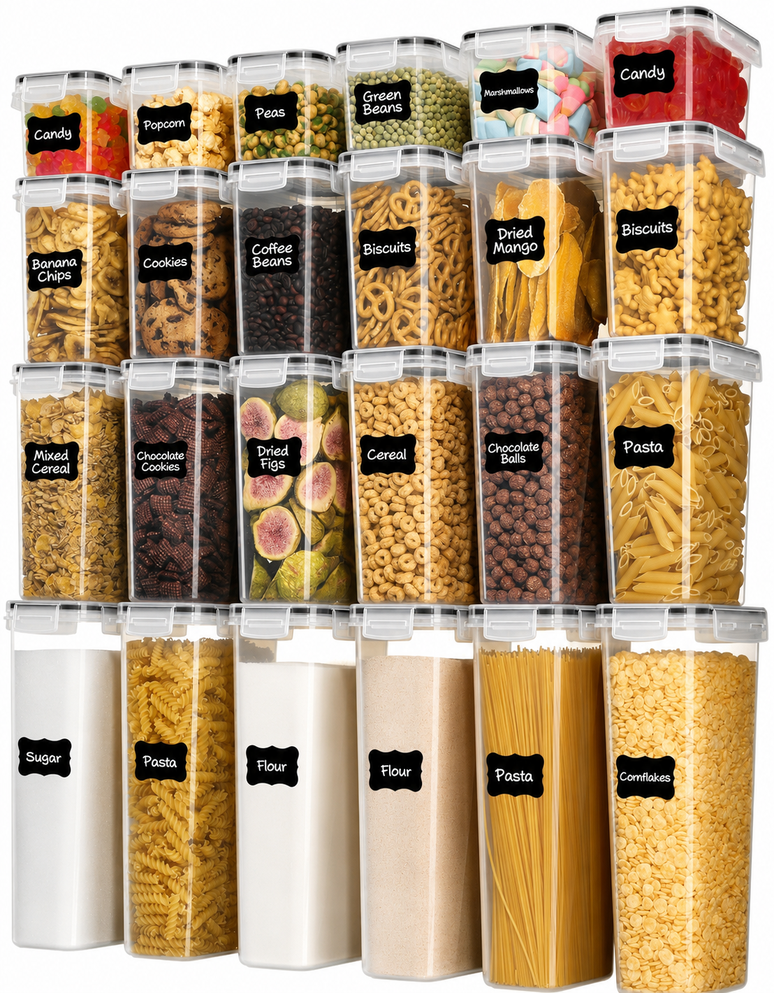 Airtight pantry storage container set filled with pasta, cereal, and dried fruit