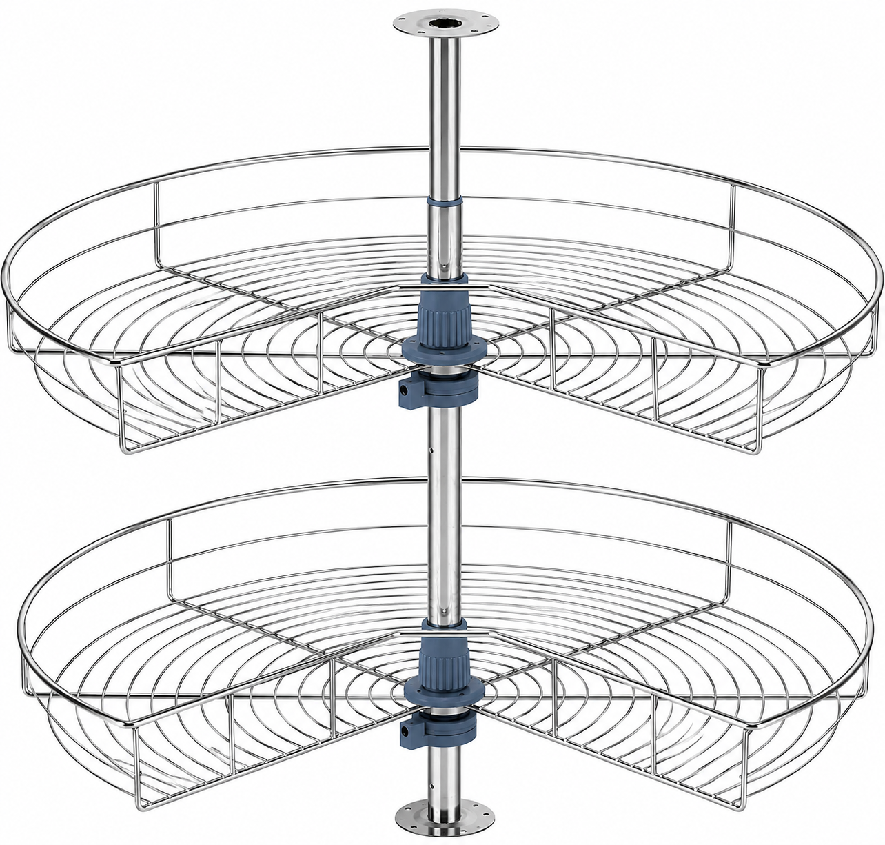 Two tiers of wire pie-cut lazy susan baskets mounted on a center pole