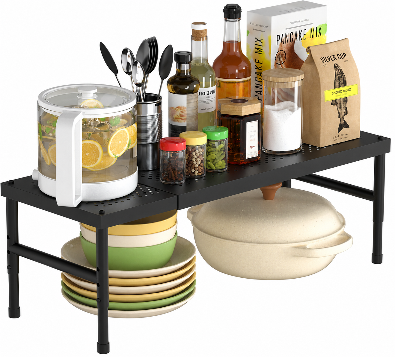 Countertop riser shelf holding a small appliance on top with dishes and spices stored underneath