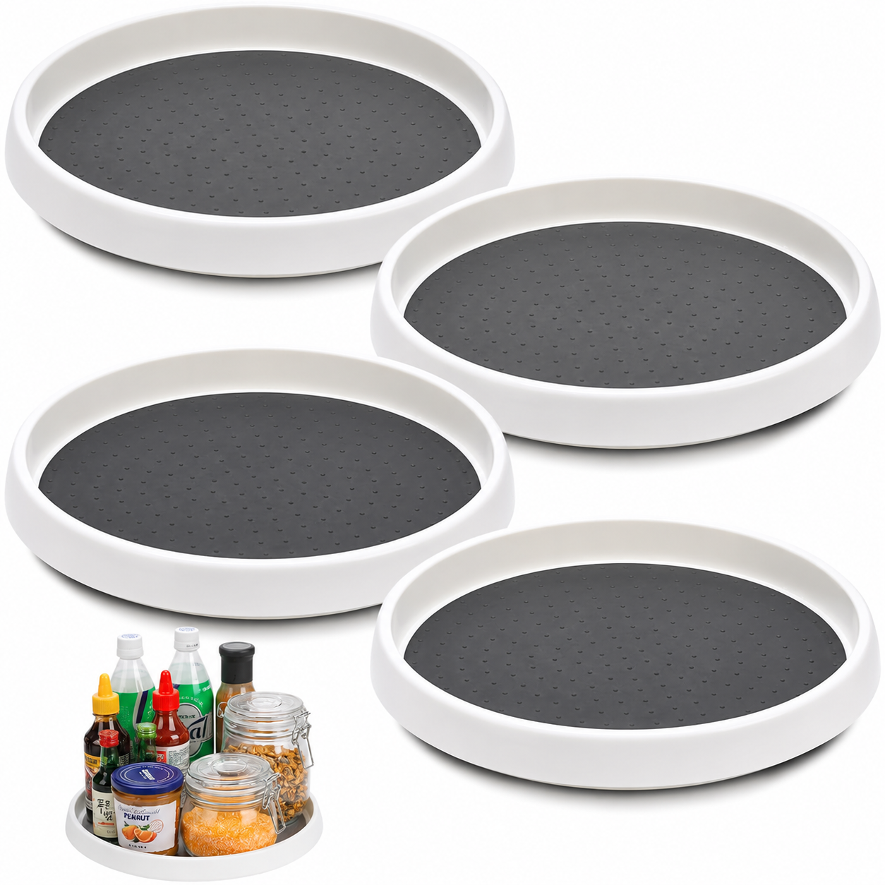 Set of round lazy susan turntable organizers with non-slip surfaces
