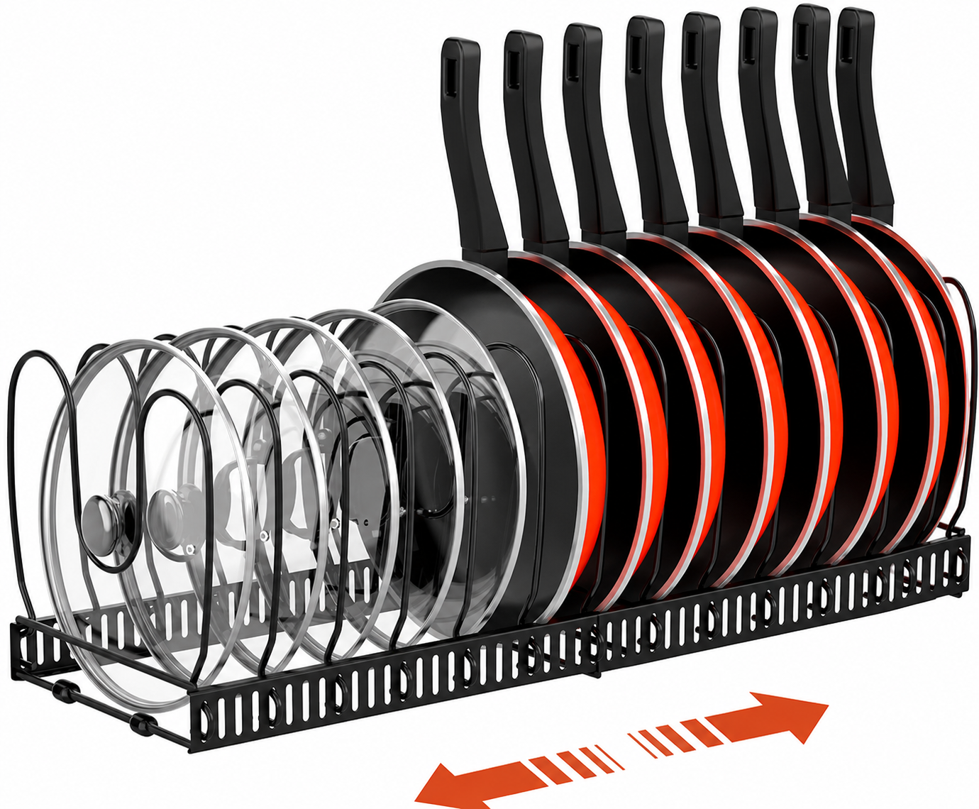 Upright pot lid organizer rack holding multiple lids vertically