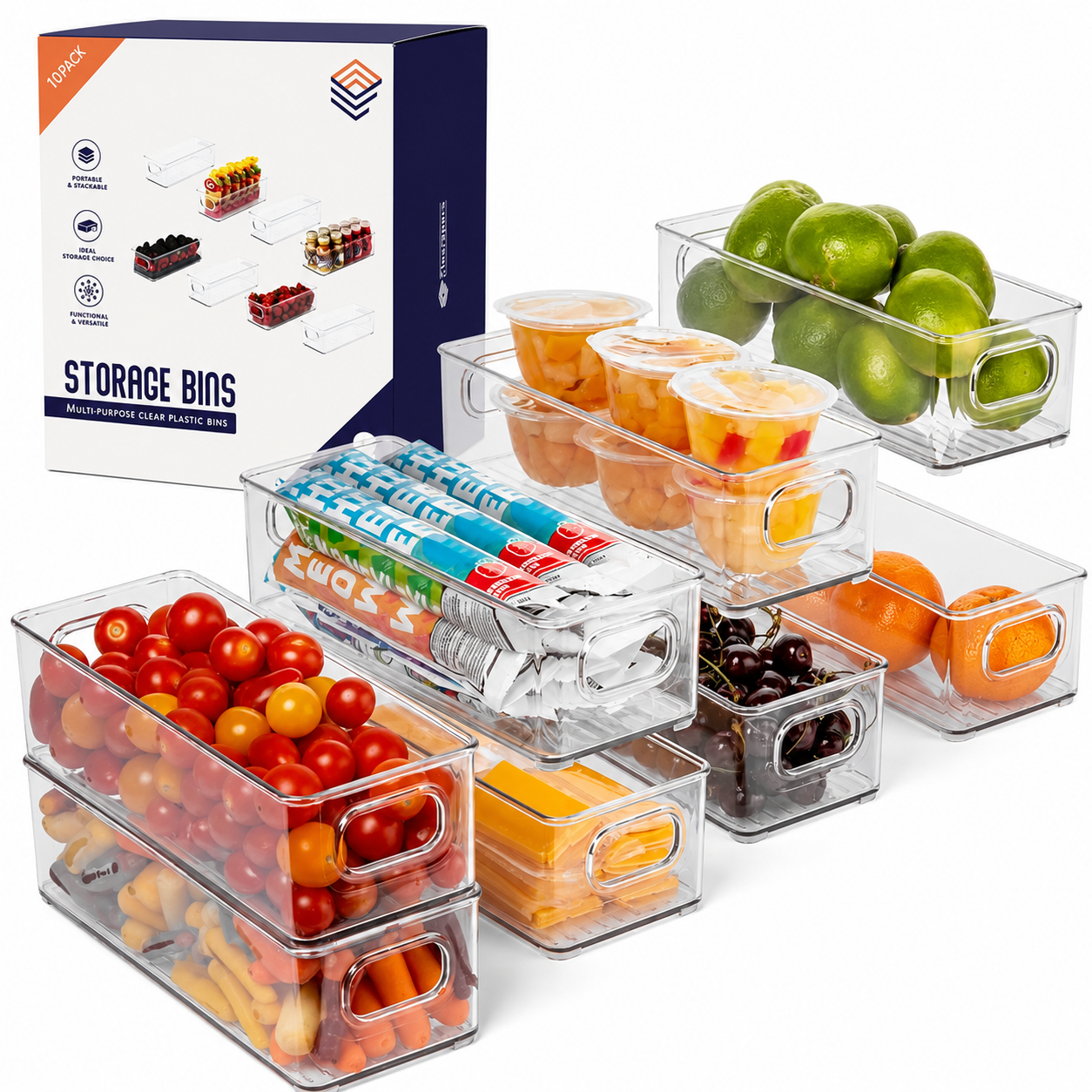 Clear refrigerator storage bin set holding fruits and vegetables