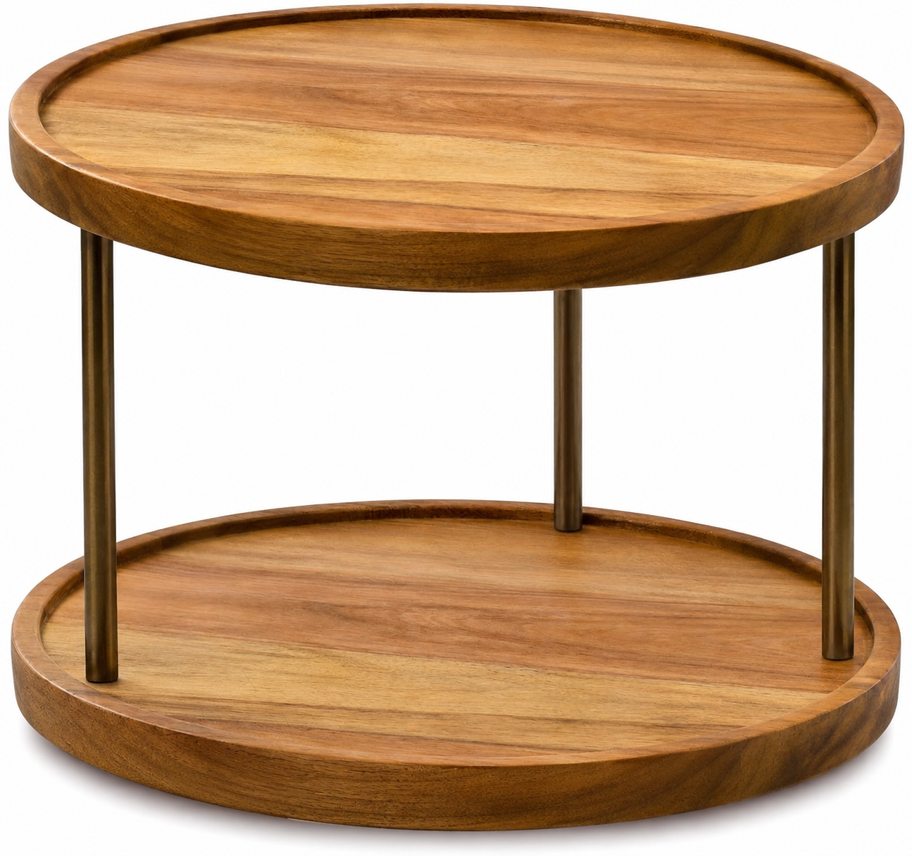 Round two-tier wooden lazy susan shelf with slim metal legs