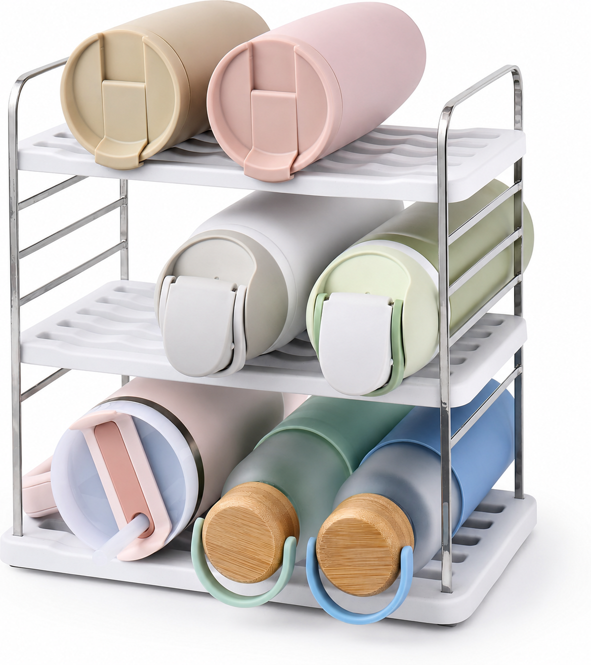 Multi-tier wire rack storing water bottles laid horizontally
