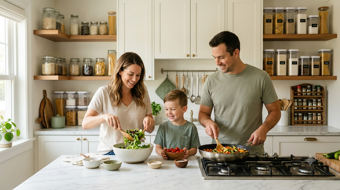 Family cooking together in an organized kitchen